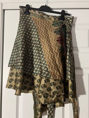 darn good yarn Sari Silk Wrap Skirt - Green & Gold Floral Mini
